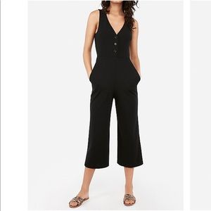 Button Front V Neck Culotte Jumpsuit